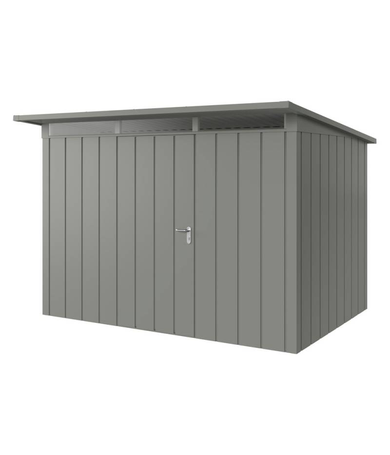 Hörmann Metall-Gerätehaus Juno JPD mit Pultdach B 310 x T 214 cm (JPD 12) Motiv Modern (mit schmalen Lamellen) Einzeltür Türanschlag links Graualuminium (RAL 9007) von Hörmann Stauraumsysteme
