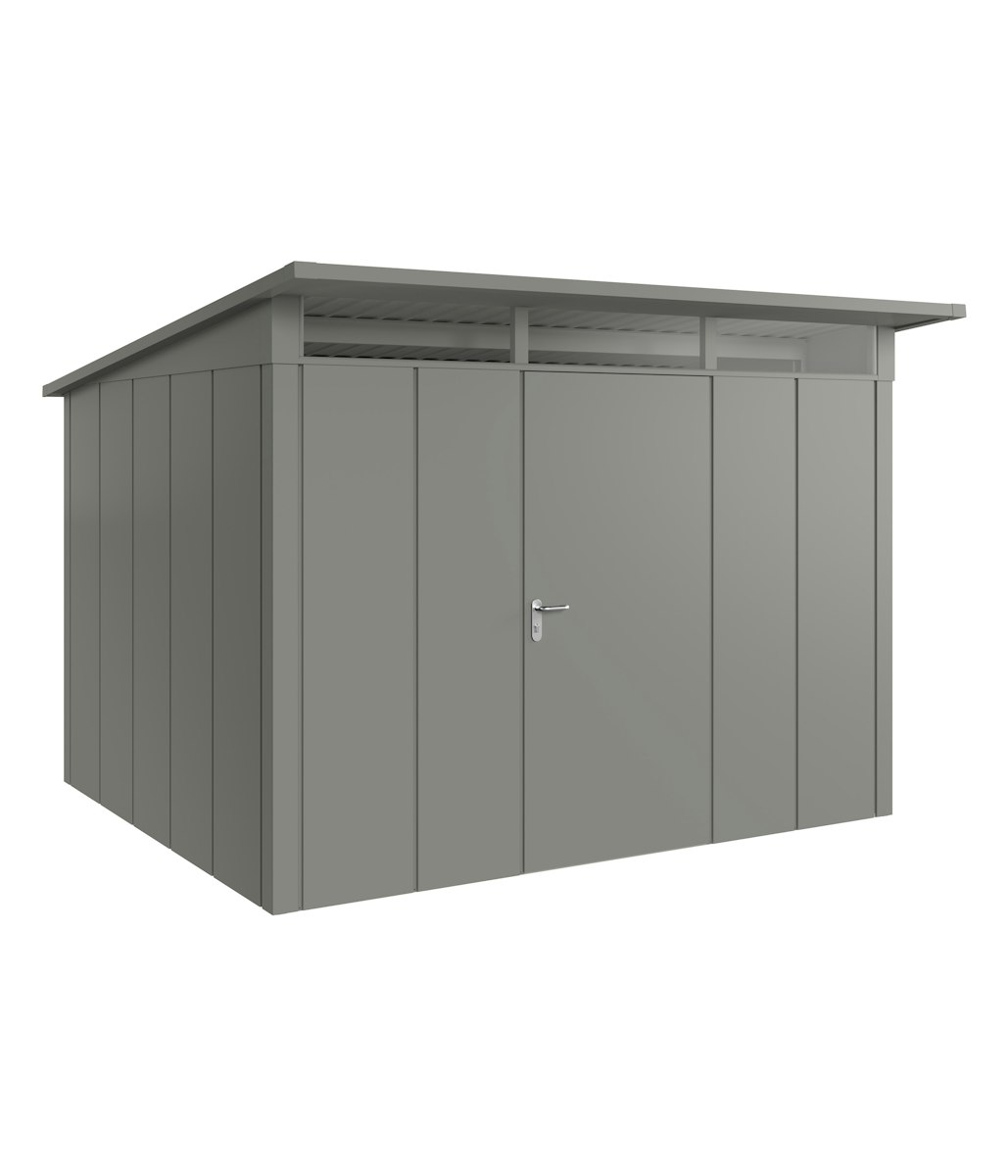 Hörmann Metall-Gerätehaus Juno JPD mit Pultdach B 310 x T 262 cm (JPD 13) Motiv Design (mit breiten Lamellen) Einzeltür Türanschlag rechts Graualuminium (RAL 9007) von Hörmann Stauraumsysteme