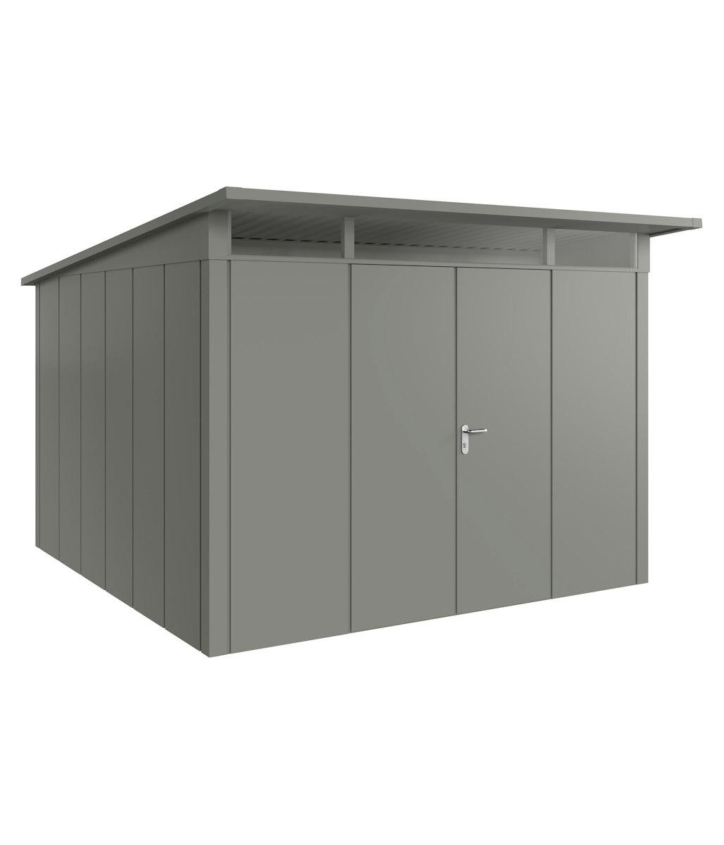 Hörmann Metall-Gerätehaus Juno JPD mit Pultdach B 310 x T 310 cm (JPD 14) Motiv Design (mit breiten Lamellen) Doppeltür Graualuminium (RAL 9007) von Hörmann Stauraumsysteme