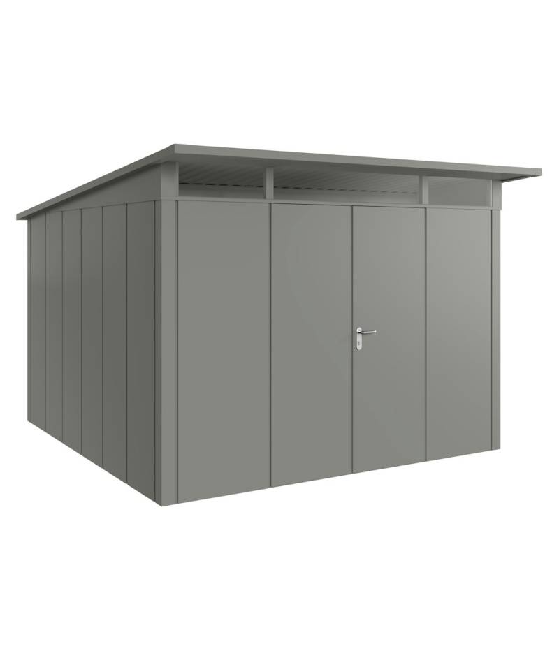 Hörmann Metall-Gerätehaus Juno JPD mit Pultdach B 310 x T 310 cm (JPD 14) Motiv Design (mit breiten Lamellen) Doppeltür Graualuminium (RAL 9007) von Hörmann Stauraumsysteme