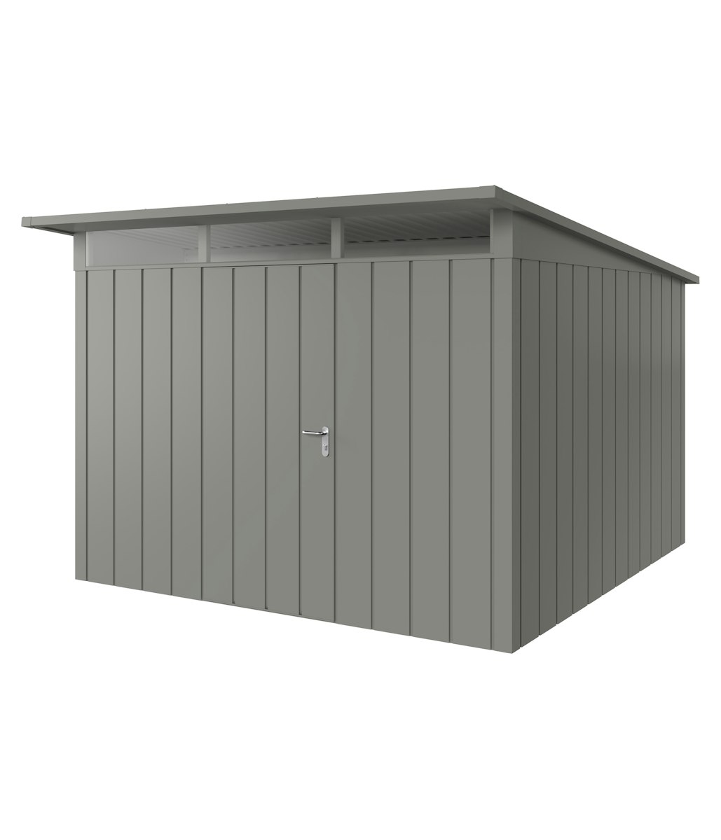Hörmann Metall-Gerätehaus Juno JPD mit Pultdach B 310 x T 310 cm (JPD 14) Motiv Modern (mit schmalen Lamellen) Einzeltür Türanschlag links Graualuminium (RAL 9007) von Hörmann Stauraumsysteme