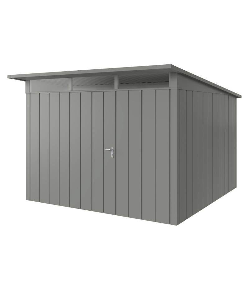 Hörmann Metall-Gerätehaus Juno JPD mit Pultdach B 310 x T 310 cm (JPD 14) Motiv Modern (mit schmalen Lamellen) Einzeltür Türanschlag links Graualuminium (RAL 9007) von Hörmann Stauraumsysteme