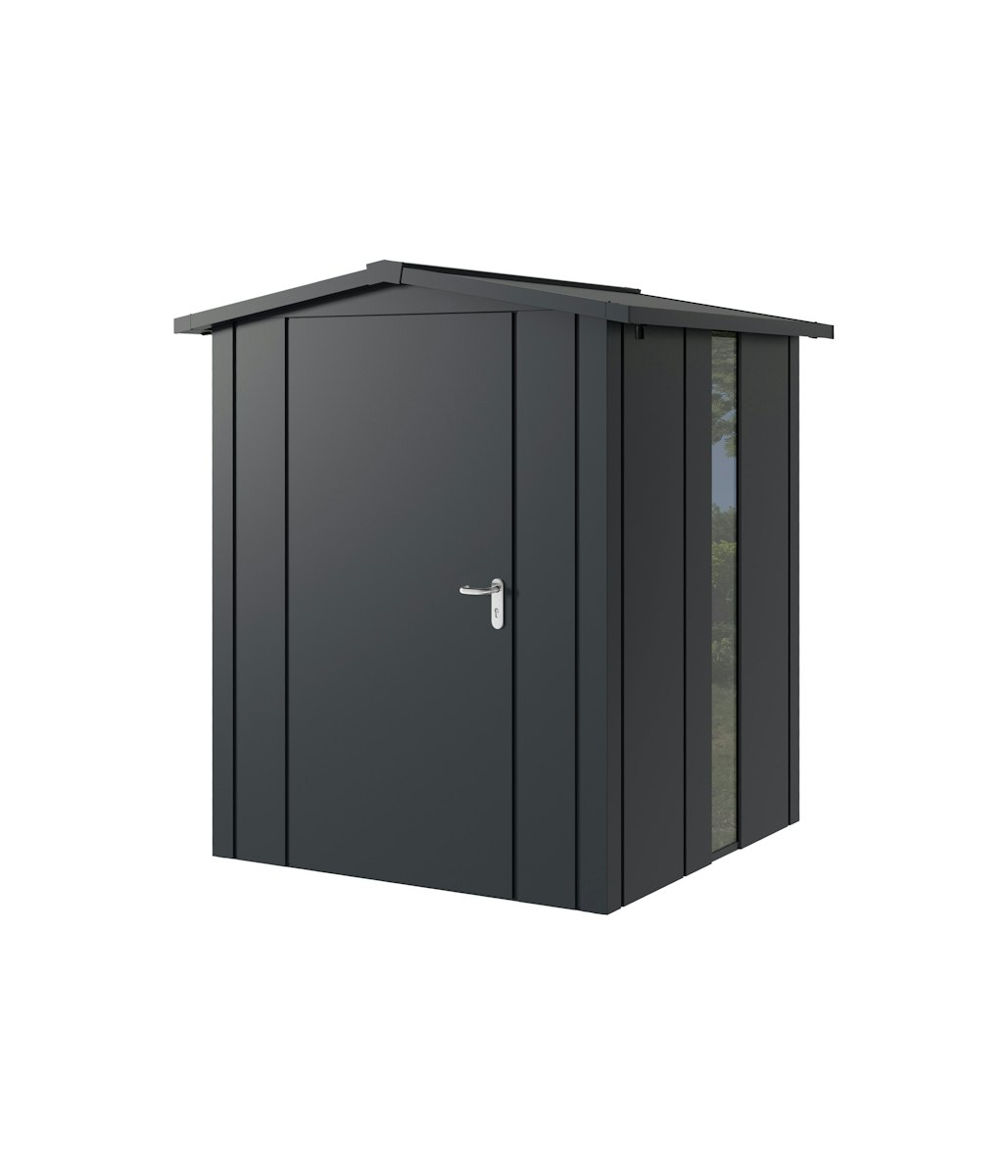 Hörmann Metall-Gerätehaus Juno JSD mit Satteldach B 166 x T 166 cm (JSD 2) mit bodentiefem Glaselement Motiv Design (mit breiten Lamellen) Einzeltür Türanschlag links Anthrazitgrau (RAL 7016) von Hörmann Stauraumsysteme