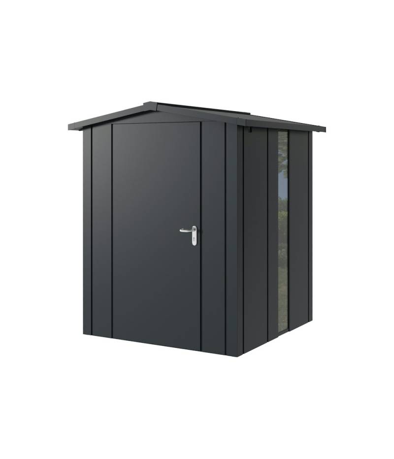 Hörmann Metall-Gerätehaus Juno JSD mit Satteldach B 166 x T 166 cm (JSD 2) mit bodentiefem Glaselement Motiv Design (mit breiten Lamellen) Einzeltür Türanschlag links Anthrazitgrau (RAL 7016) von Hörmann Stauraumsysteme