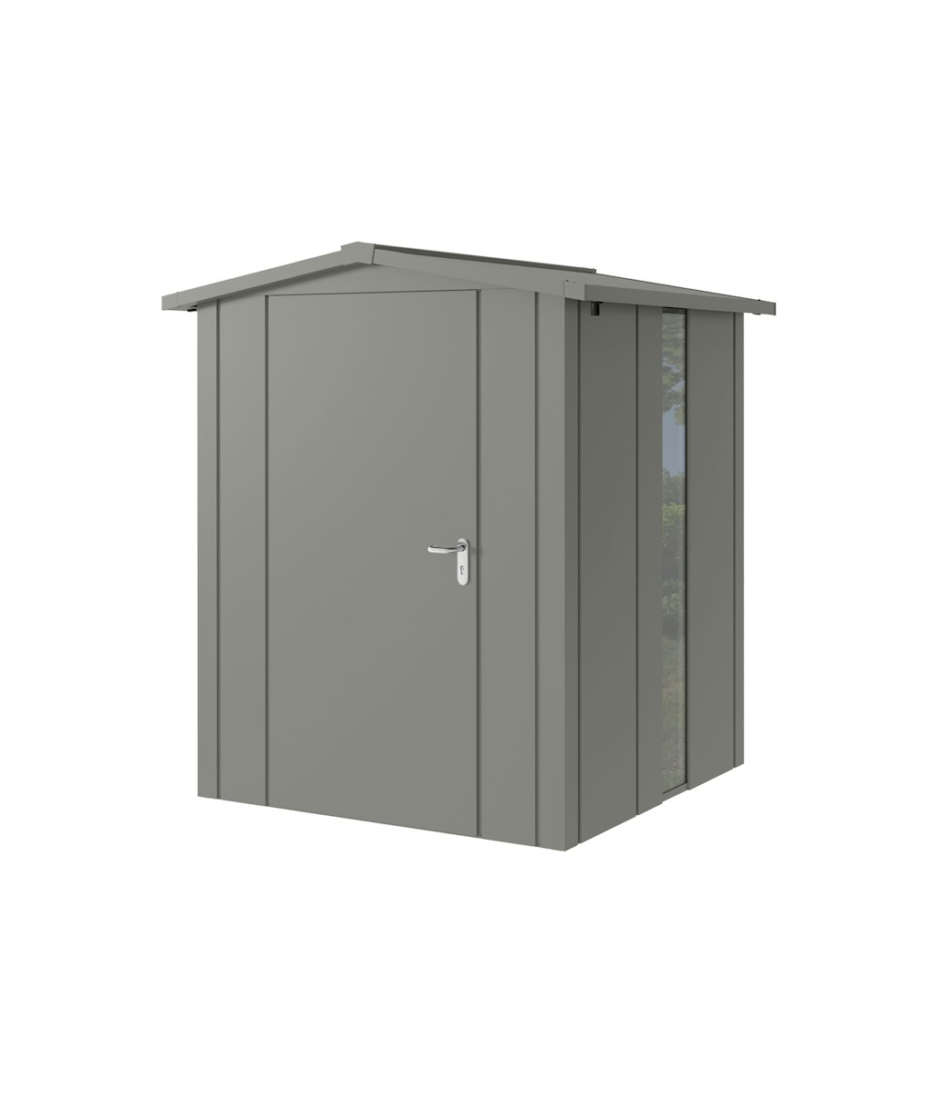 Hörmann Metall-Gerätehaus Juno JSD mit Satteldach B 166 x T 166 cm (JSD 2) mit bodentiefem Glaselement Motiv Design (mit breiten Lamellen) Einzeltür Türanschlag links Graualuminium (RAL 9007) von Hörmann Stauraumsysteme