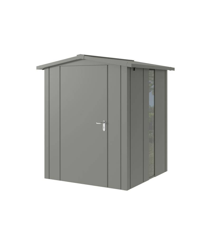 Hörmann Metall-Gerätehaus Juno JSD mit Satteldach B 166 x T 166 cm (JSD 2) mit bodentiefem Glaselement Motiv Design (mit breiten Lamellen) Einzeltür Türanschlag links Graualuminium (RAL 9007) von Hörmann Stauraumsysteme