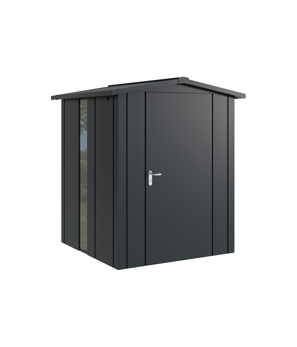 Hörmann Metall-Gerätehaus Juno JSD mit Satteldach B 166 x T 166 cm (JSD 2) mit bodentiefem Glaselement Motiv Design (mit breiten Lamellen) Einzeltür Türanschlag rechts Anthrazitgrau (RAL 7016) von Hörmann Stauraumsysteme