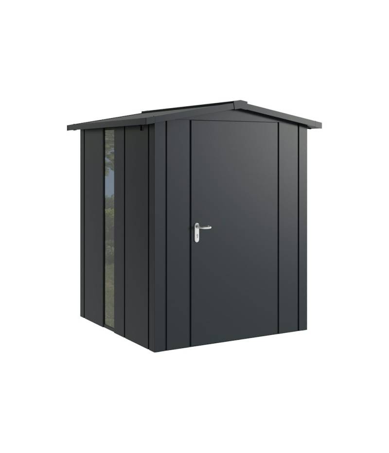 Hörmann Metall-Gerätehaus Juno JSD mit Satteldach B 166 x T 166 cm (JSD 2) mit bodentiefem Glaselement Motiv Design (mit breiten Lamellen) Einzeltür Türanschlag rechts Anthrazitgrau (RAL 7016) von Hörmann Stauraumsysteme