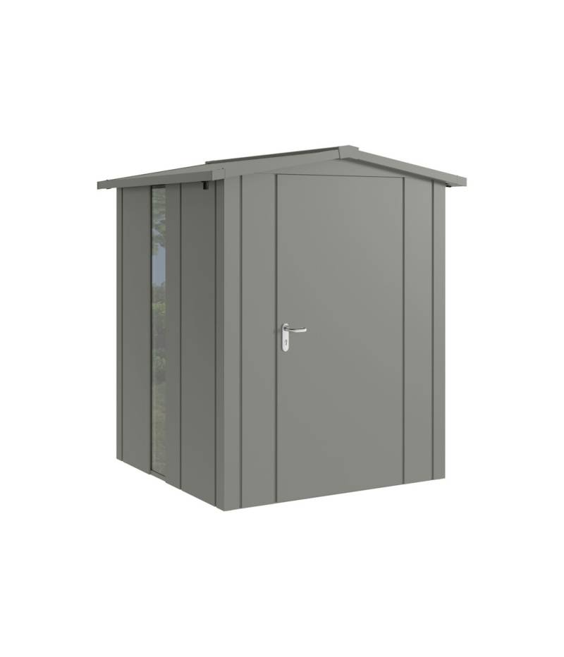 Hörmann Metall-Gerätehaus Juno JSD mit Satteldach B 166 x T 166 cm (JSD 2) mit bodentiefem Glaselement Motiv Design (mit breiten Lamellen) Einzeltür Türanschlag rechts Graualuminium (RAL 9007) von Hörmann Stauraumsysteme