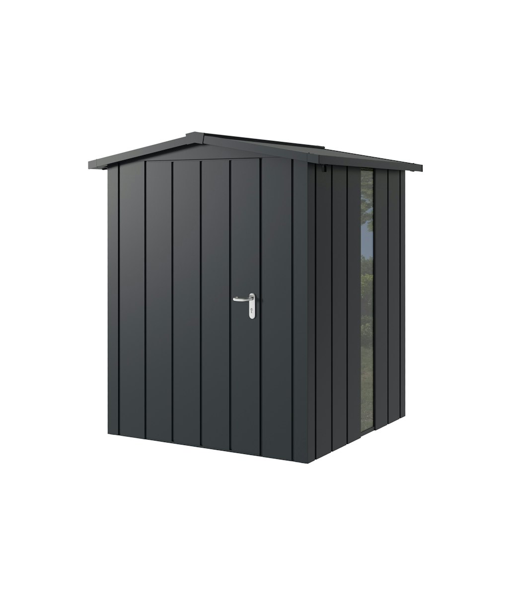 Hörmann Metall-Gerätehaus Juno JSD mit Satteldach B 166 x T 166 cm (JSD 2) mit bodentiefem Glaselement Motiv Modern (mit schmalen Lamellen) Einzeltür Türanschlag links Anthrazitgrau (RAL 7016) von Hörmann Stauraumsysteme