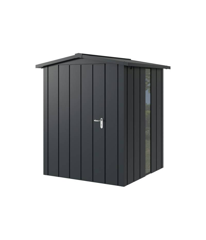 Hörmann Metall-Gerätehaus Juno JSD mit Satteldach B 166 x T 166 cm (JSD 2) mit bodentiefem Glaselement Motiv Modern (mit schmalen Lamellen) Einzeltür Türanschlag links Anthrazitgrau (RAL 7016) von Hörmann Stauraumsysteme