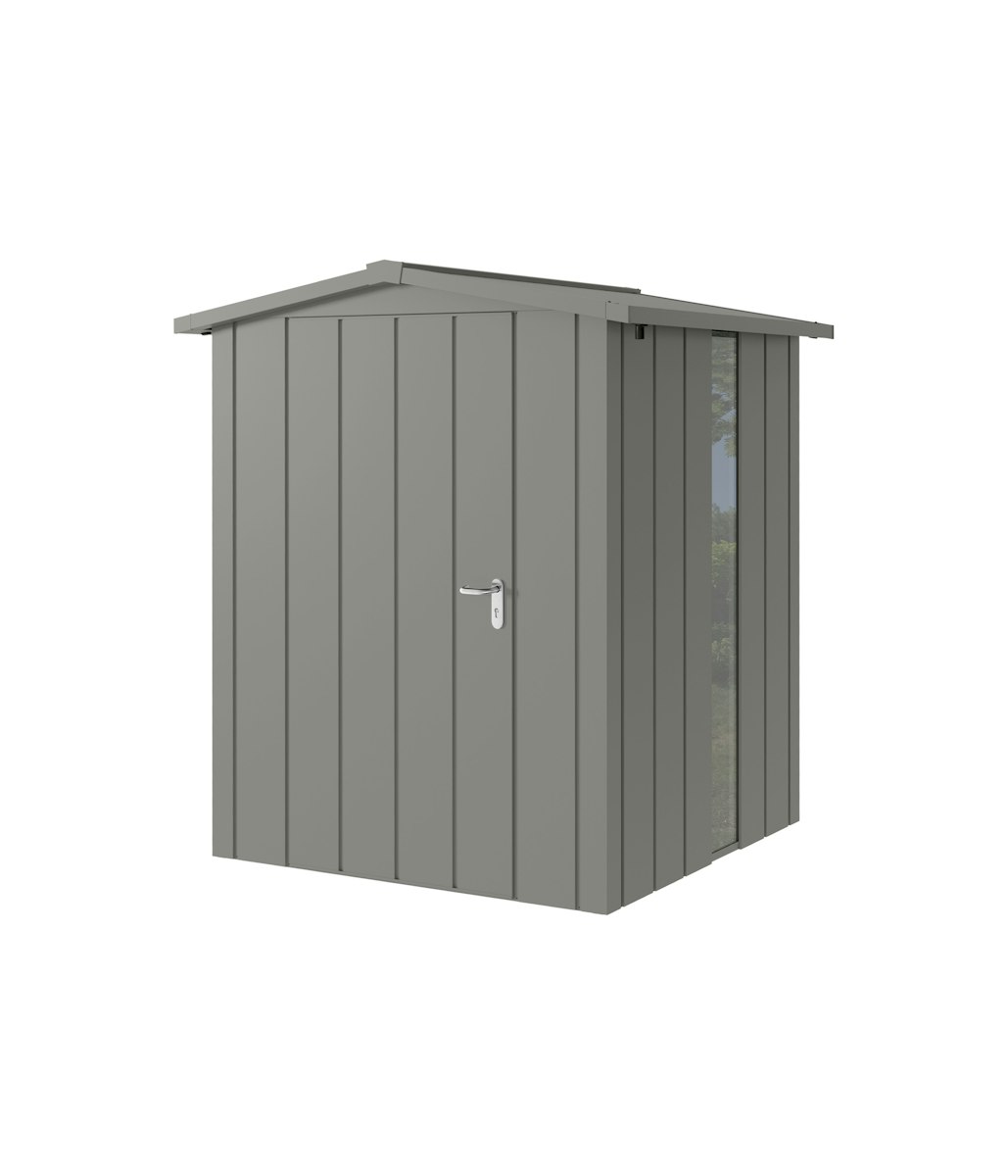 Hörmann Metall-Gerätehaus Juno JSD mit Satteldach B 166 x T 166 cm (JSD 2) mit bodentiefem Glaselement Motiv Modern (mit schmalen Lamellen) Einzeltür Türanschlag links Graualuminium (RAL 9007) von Hörmann Stauraumsysteme