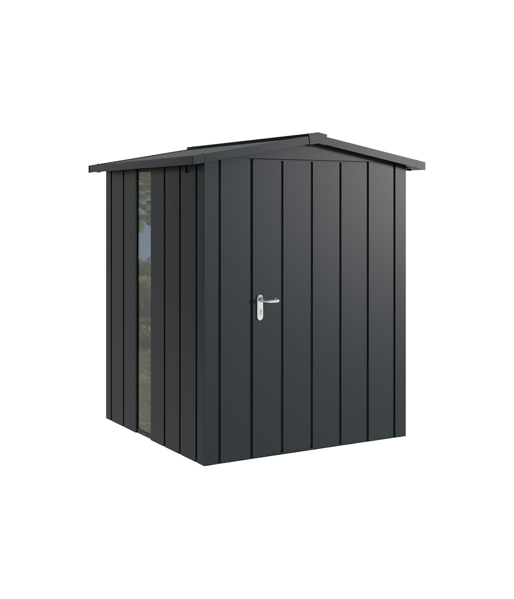 Hörmann Metall-Gerätehaus Juno JSD mit Satteldach B 166 x T 166 cm (JSD 2) mit bodentiefem Glaselement Motiv Modern (mit schmalen Lamellen) Einzeltür Türanschlag rechts Anthrazitgrau (RAL 7016) von Hörmann Stauraumsysteme