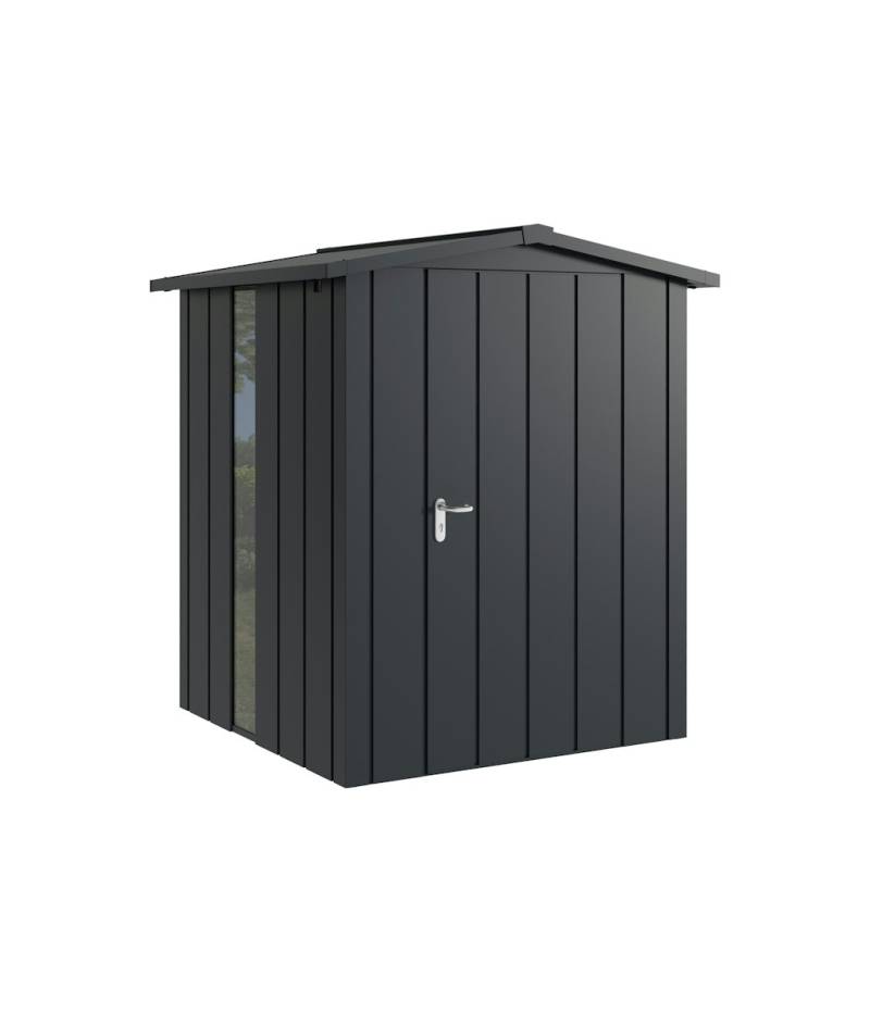 Hörmann Metall-Gerätehaus Juno JSD mit Satteldach B 166 x T 166 cm (JSD 2) mit bodentiefem Glaselement Motiv Modern (mit schmalen Lamellen) Einzeltür Türanschlag rechts Anthrazitgrau (RAL 7016) von Hörmann Stauraumsysteme