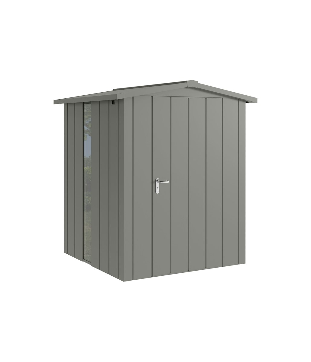 Hörmann Metall-Gerätehaus Juno JSD mit Satteldach B 166 x T 166 cm (JSD 2) mit bodentiefem Glaselement Motiv Modern (mit schmalen Lamellen) Einzeltür Türanschlag rechts Graualuminium (RAL 9007) von Hörmann Stauraumsysteme