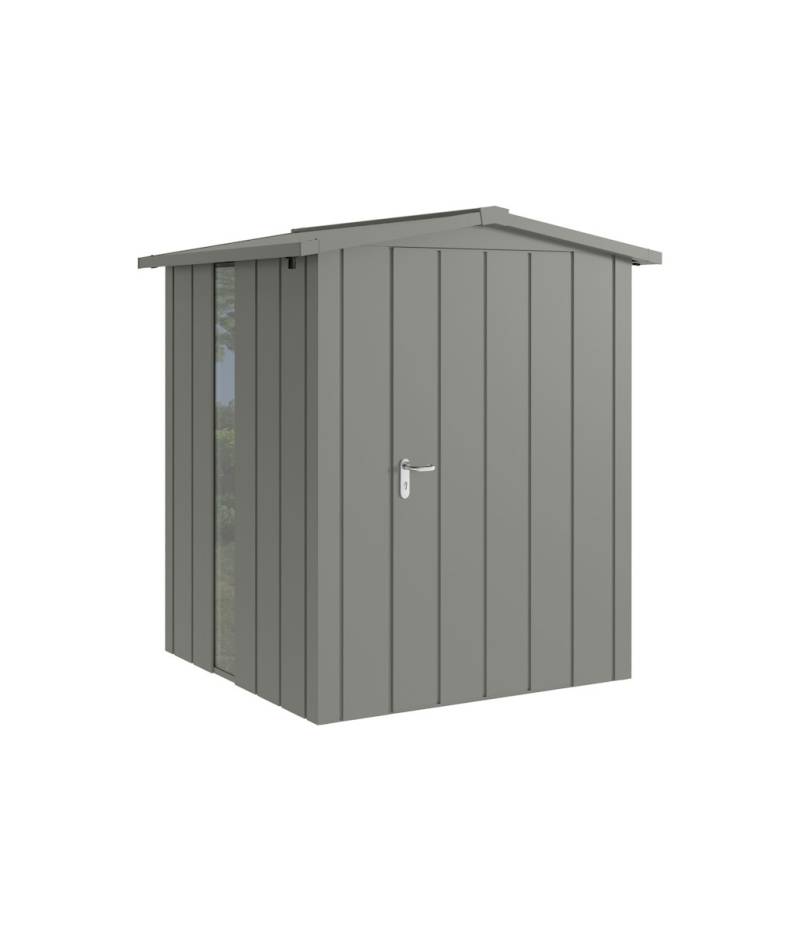 Hörmann Metall-Gerätehaus Juno JSD mit Satteldach B 166 x T 166 cm (JSD 2) mit bodentiefem Glaselement Motiv Modern (mit schmalen Lamellen) Einzeltür Türanschlag rechts Graualuminium (RAL 9007) von Hörmann Stauraumsysteme