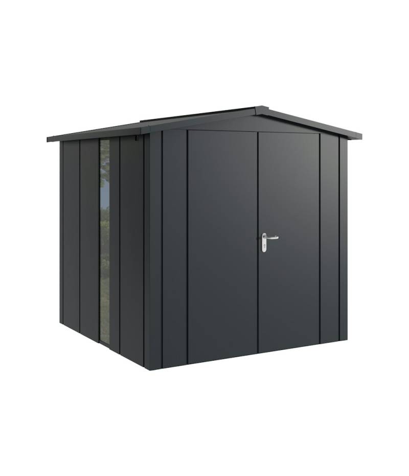 Hörmann Metall-Gerätehaus Juno JSD mit Satteldach B 214 x T 214 cm (JSD 5) mit bodentiefem Glaselement Motiv Design (mit breiten Lamellen) Doppeltür Anthrazitgrau (RAL 7016) von Hörmann Stauraumsysteme