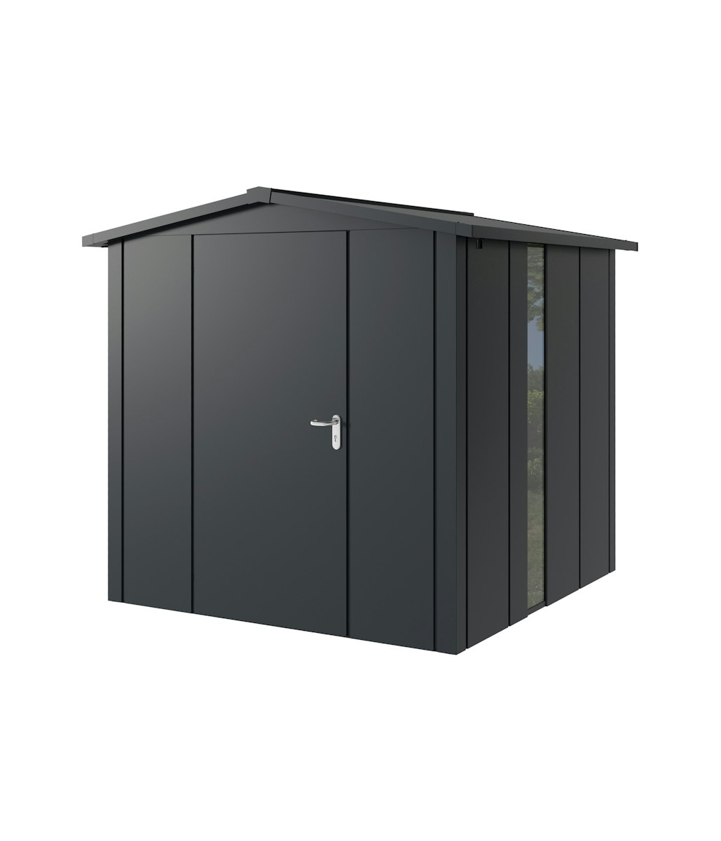 Hörmann Metall-Gerätehaus Juno JSD mit Satteldach B 214 x T 214 cm (JSD 5) mit bodentiefem Glaselement Motiv Design (mit breiten Lamellen) Einzeltür Türanschlag links Anthrazitgrau (RAL 7016) von Hörmann Stauraumsysteme