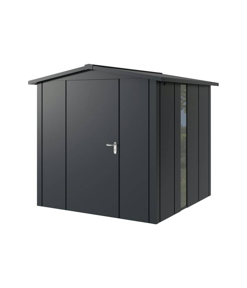 Hörmann Metall-Gerätehaus Juno JSD mit Satteldach B 214 x T 214 cm (JSD 5) mit bodentiefem Glaselement Motiv Design (mit breiten Lamellen) Einzeltür Türanschlag links Anthrazitgrau (RAL 7016) von Hörmann Stauraumsysteme