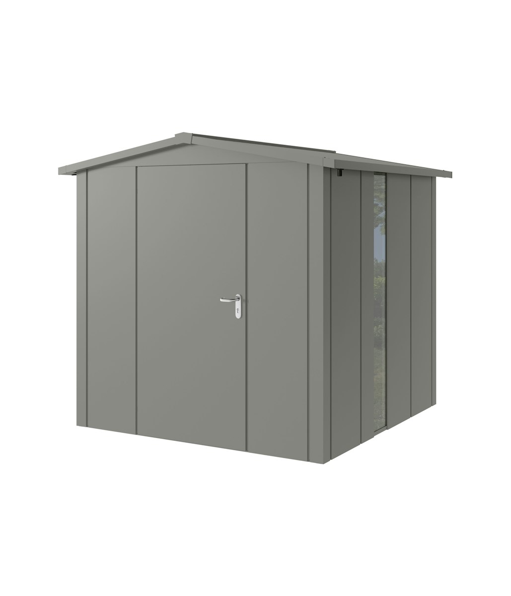 Hörmann Metall-Gerätehaus Juno JSD mit Satteldach B 214 x T 214 cm (JSD 5) mit bodentiefem Glaselement Motiv Design (mit breiten Lamellen) Einzeltür Türanschlag links Graualuminium (RAL 9007) von Hörmann Stauraumsysteme