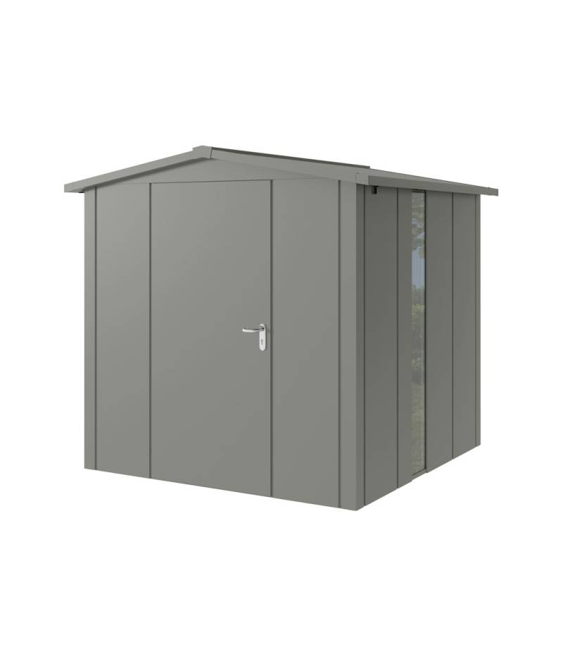 Hörmann Metall-Gerätehaus Juno JSD mit Satteldach B 214 x T 214 cm (JSD 5) mit bodentiefem Glaselement Motiv Design (mit breiten Lamellen) Einzeltür Türanschlag links Graualuminium (RAL 9007) von Hörmann Stauraumsysteme