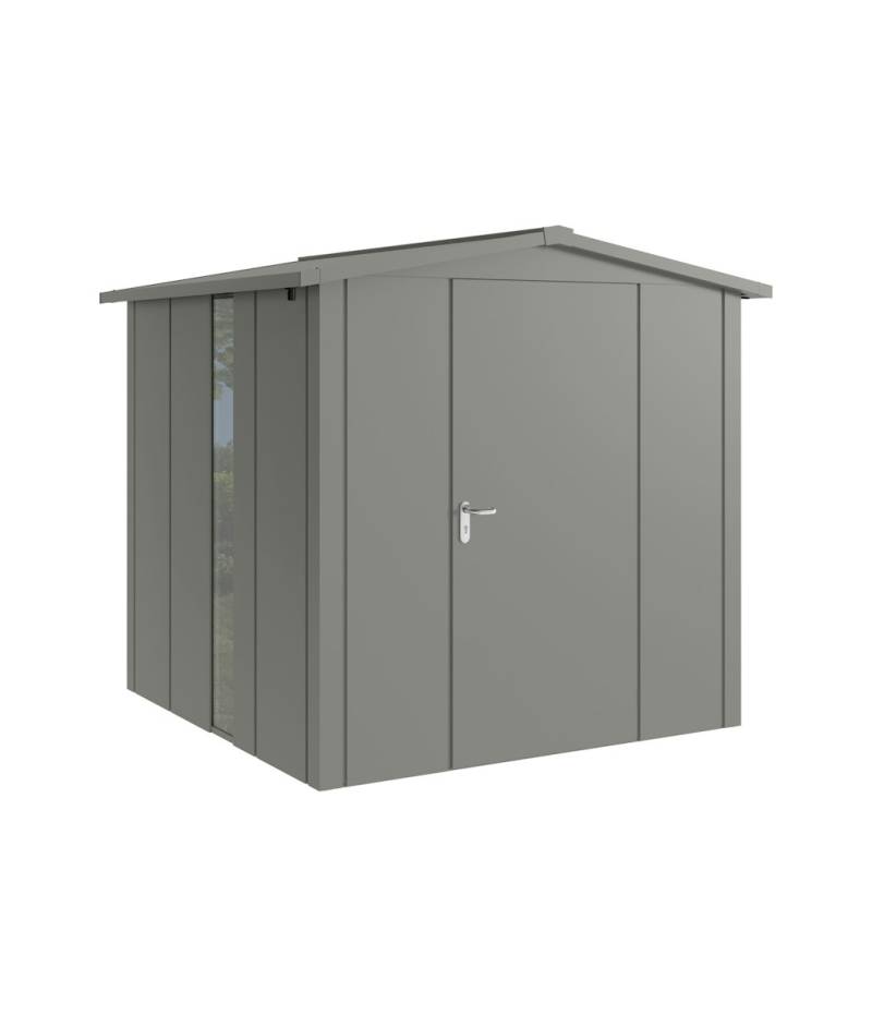 Hörmann Metall-Gerätehaus Juno JSD mit Satteldach B 214 x T 214 cm (JSD 5) mit bodentiefem Glaselement Motiv Design (mit breiten Lamellen) Einzeltür Türanschlag rechts Graualuminium (RAL 9007) von Hörmann Stauraumsysteme