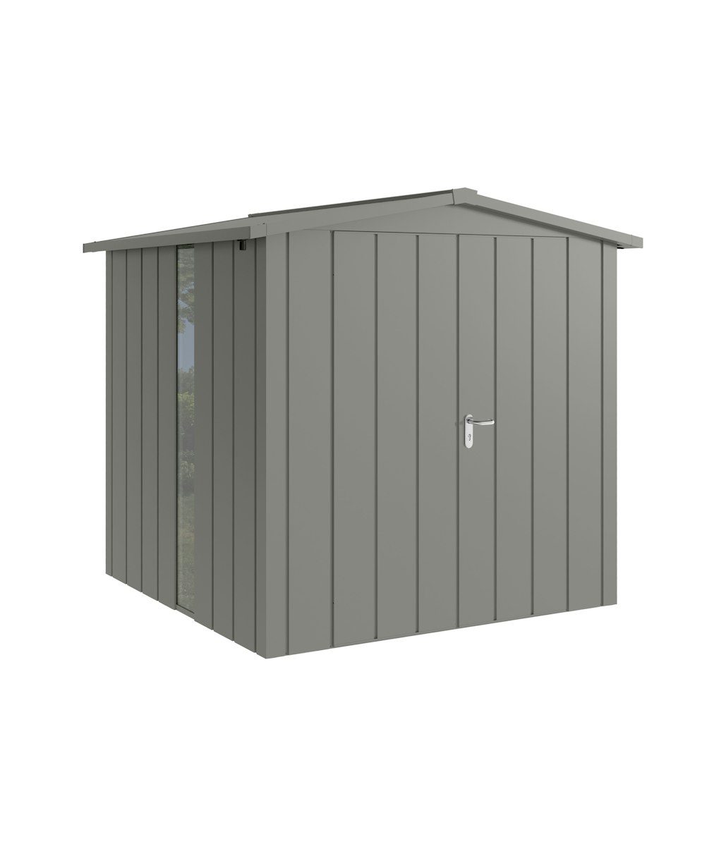 Hörmann Metall-Gerätehaus Juno JSD mit Satteldach B 214 x T 214 cm (JSD 5) mit bodentiefem Glaselement Motiv Modern (mit schmalen Lamellen) Doppeltür Graualuminium (RAL 9007) von Hörmann Stauraumsysteme