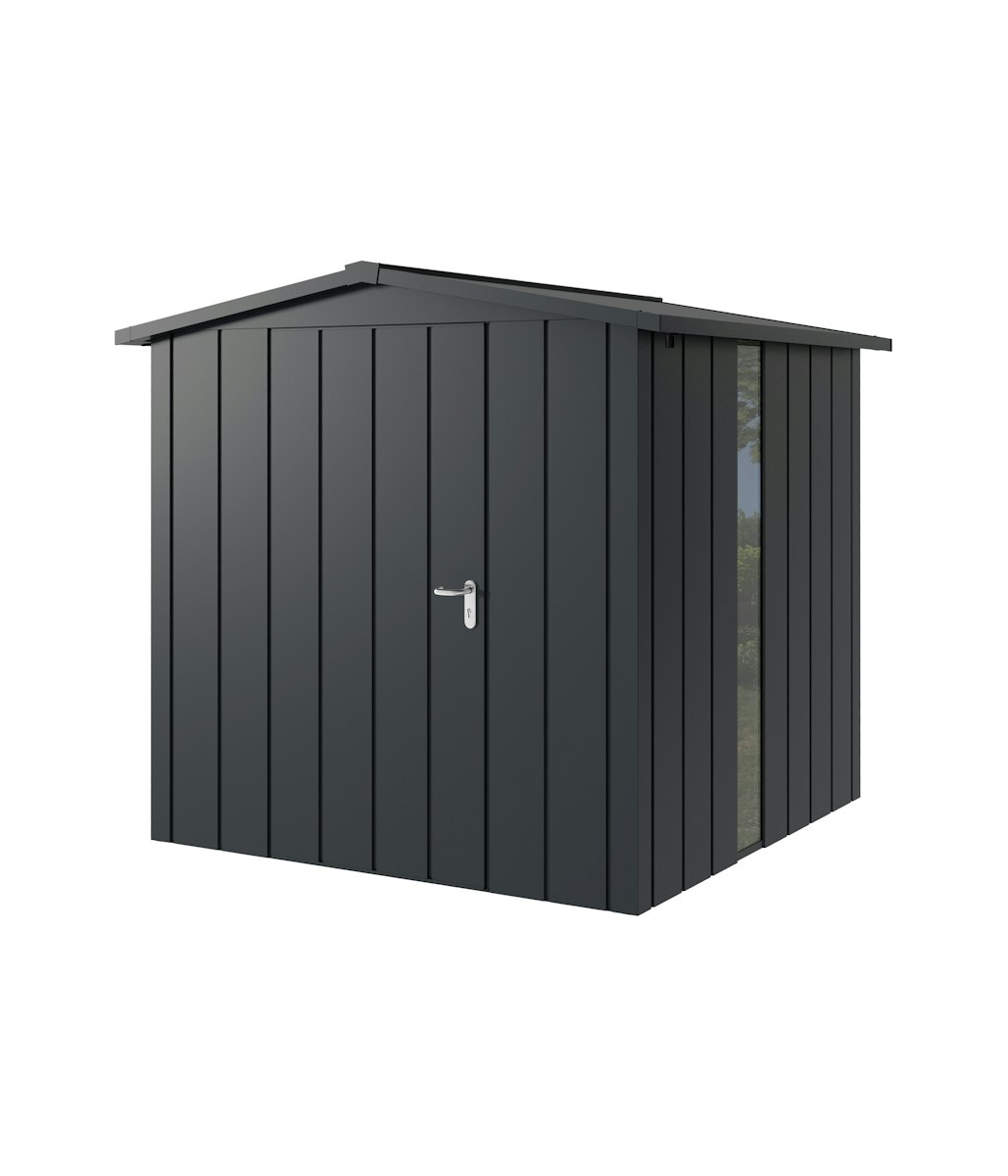 Hörmann Metall-Gerätehaus Juno JSD mit Satteldach B 214 x T 214 cm (JSD 5) mit bodentiefem Glaselement Motiv Modern (mit schmalen Lamellen) Einzeltür Türanschlag links Anthrazitgrau (RAL 7016) von Hörmann Stauraumsysteme