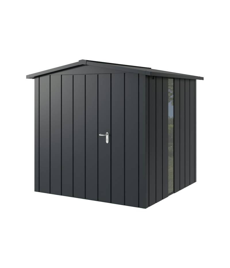 Hörmann Metall-Gerätehaus Juno JSD mit Satteldach B 214 x T 214 cm (JSD 5) mit bodentiefem Glaselement Motiv Modern (mit schmalen Lamellen) Einzeltür Türanschlag links Anthrazitgrau (RAL 7016) von Hörmann Stauraumsysteme