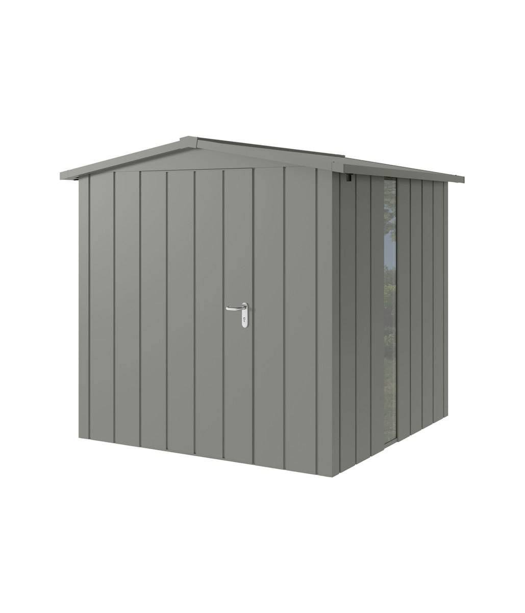 Hörmann Metall-Gerätehaus Juno JSD mit Satteldach B 214 x T 214 cm (JSD 5) mit bodentiefem Glaselement Motiv Modern (mit schmalen Lamellen) Einzeltür Türanschlag links Graualuminium (RAL 9007) von Hörmann Stauraumsysteme
