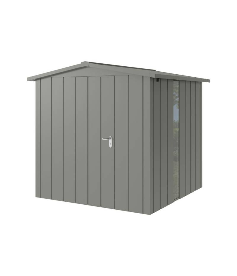 Hörmann Metall-Gerätehaus Juno JSD mit Satteldach B 214 x T 214 cm (JSD 5) mit bodentiefem Glaselement Motiv Modern (mit schmalen Lamellen) Einzeltür Türanschlag links Graualuminium (RAL 9007) von Hörmann Stauraumsysteme