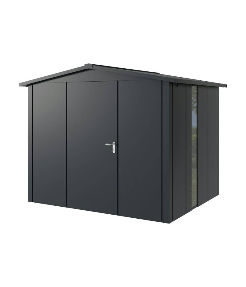 Hörmann Metall-Gerätehaus Juno JSD mit Satteldach B 262 x T 214 cm (JSD 9) mit bodentiefem Glaselement Motiv Design (mit breiten Lamellen) Einzeltür Türanschlag links Anthrazitgrau (RAL 7016) von Hörmann Stauraumsysteme