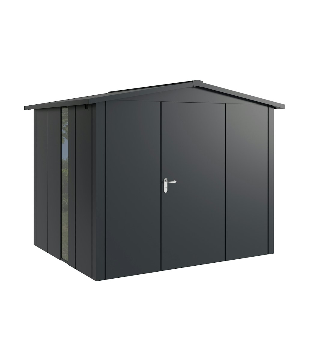 Hörmann Metall-Gerätehaus Juno JSD mit Satteldach B 262 x T 214 cm (JSD 9) mit bodentiefem Glaselement Motiv Design (mit breiten Lamellen) Einzeltür Türanschlag rechts Anthrazitgrau (RAL 7016) von Hörmann Stauraumsysteme