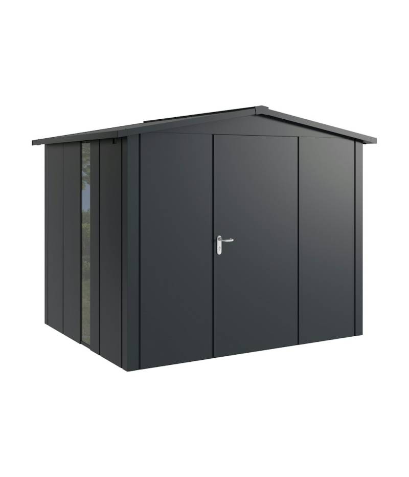 Hörmann Metall-Gerätehaus Juno JSD mit Satteldach B 262 x T 214 cm (JSD 9) mit bodentiefem Glaselement Motiv Design (mit breiten Lamellen) Einzeltür Türanschlag rechts Anthrazitgrau (RAL 7016) von Hörmann Stauraumsysteme