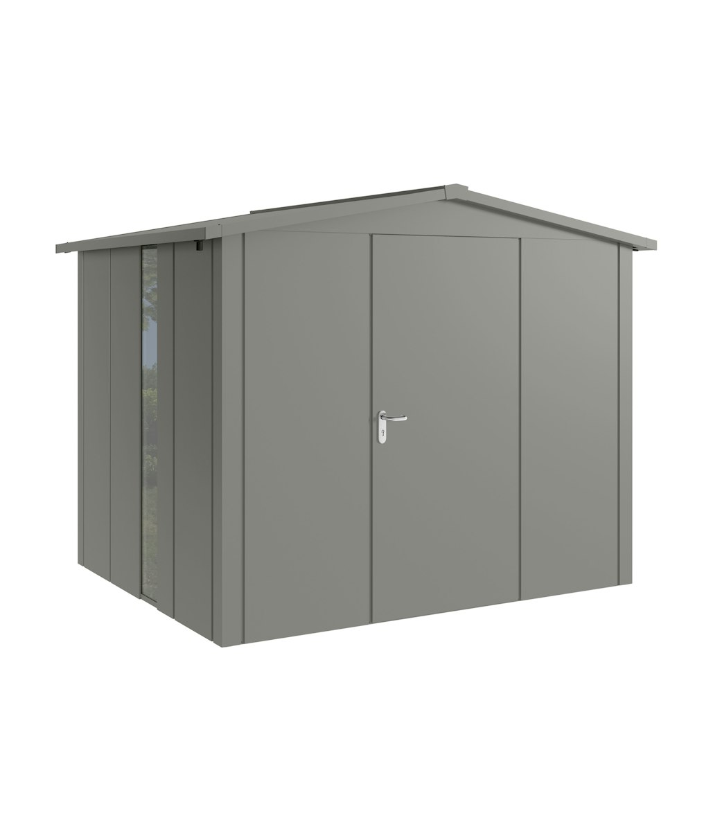 Hörmann Metall-Gerätehaus Juno JSD mit Satteldach B 262 x T 214 cm (JSD 9) mit bodentiefem Glaselement Motiv Design (mit breiten Lamellen) Einzeltür Türanschlag rechts Graualuminium (RAL 9007) von Hörmann Stauraumsysteme