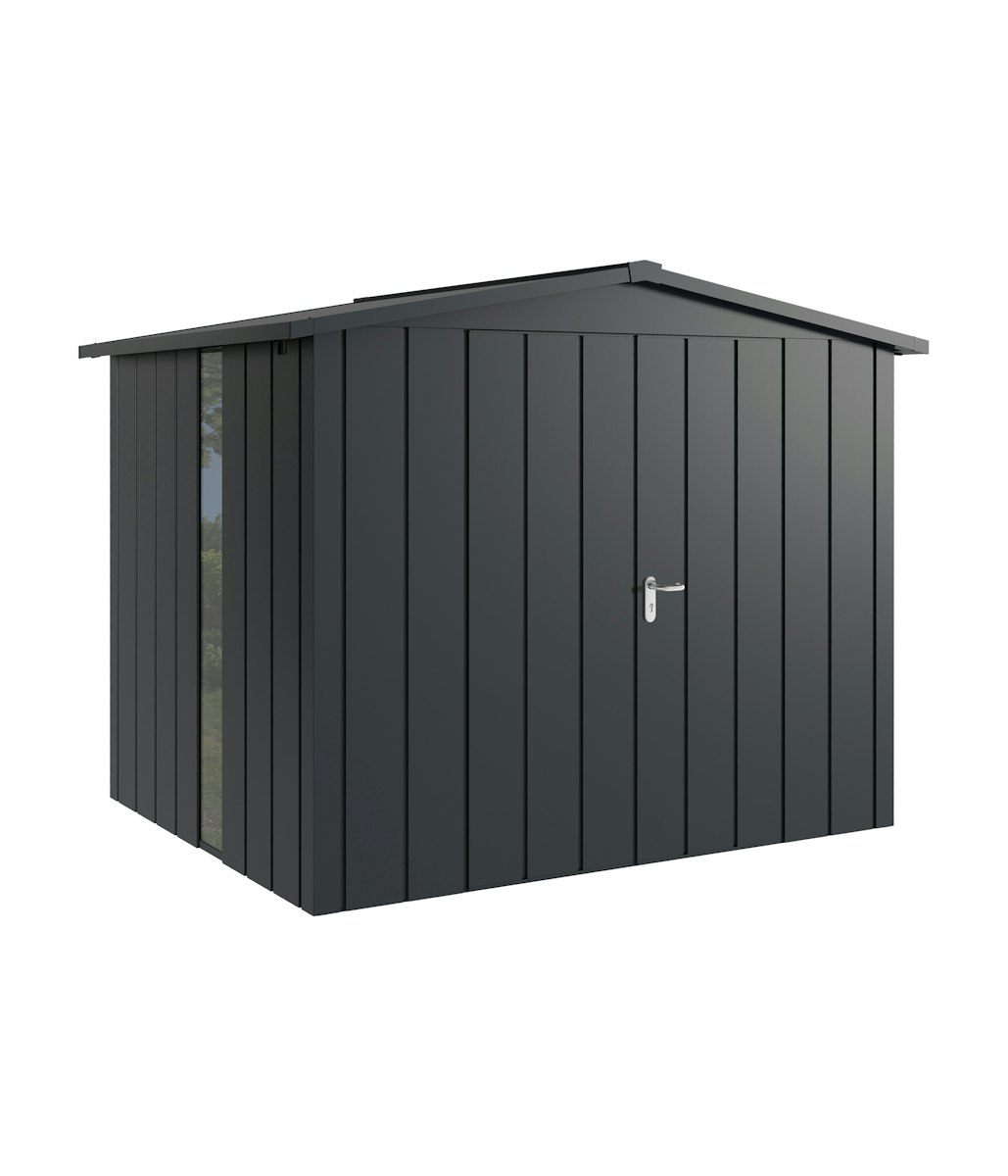 Hörmann Metall-Gerätehaus Juno JSD mit Satteldach B 262 x T 214 cm (JSD 9) mit bodentiefem Glaselement Motiv Modern (mit schmalen Lamellen) Doppeltür Anthrazitgrau (RAL 7016) von Hörmann Stauraumsysteme