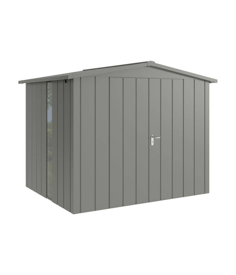 Hörmann Metall-Gerätehaus Juno JSD mit Satteldach B 262 x T 214 cm (JSD 9) mit bodentiefem Glaselement Motiv Modern (mit schmalen Lamellen) Doppeltür Graualuminium (RAL 9007) von Hörmann Stauraumsysteme