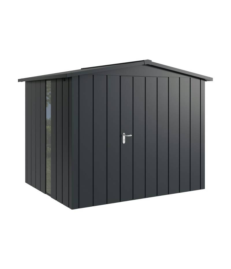 Hörmann Metall-Gerätehaus Juno JSD mit Satteldach B 262 x T 214 cm (JSD 9) mit bodentiefem Glaselement Motiv Modern (mit schmalen Lamellen) Einzeltür Türanschlag rechts Anthrazitgrau (RAL 7016) von Hörmann Stauraumsysteme