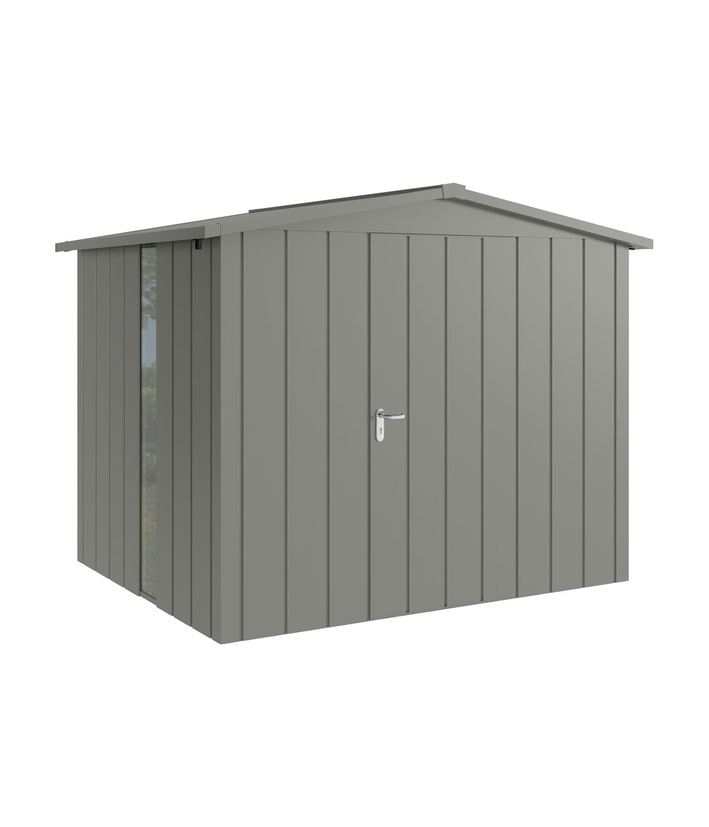 Hörmann Metall-Gerätehaus Juno JSD mit Satteldach B 262 x T 214 cm (JSD 9) mit bodentiefem Glaselement Motiv Modern (mit schmalen Lamellen) Einzeltür Türanschlag rechts Graualuminium (RAL 9007) von Hörmann Stauraumsysteme