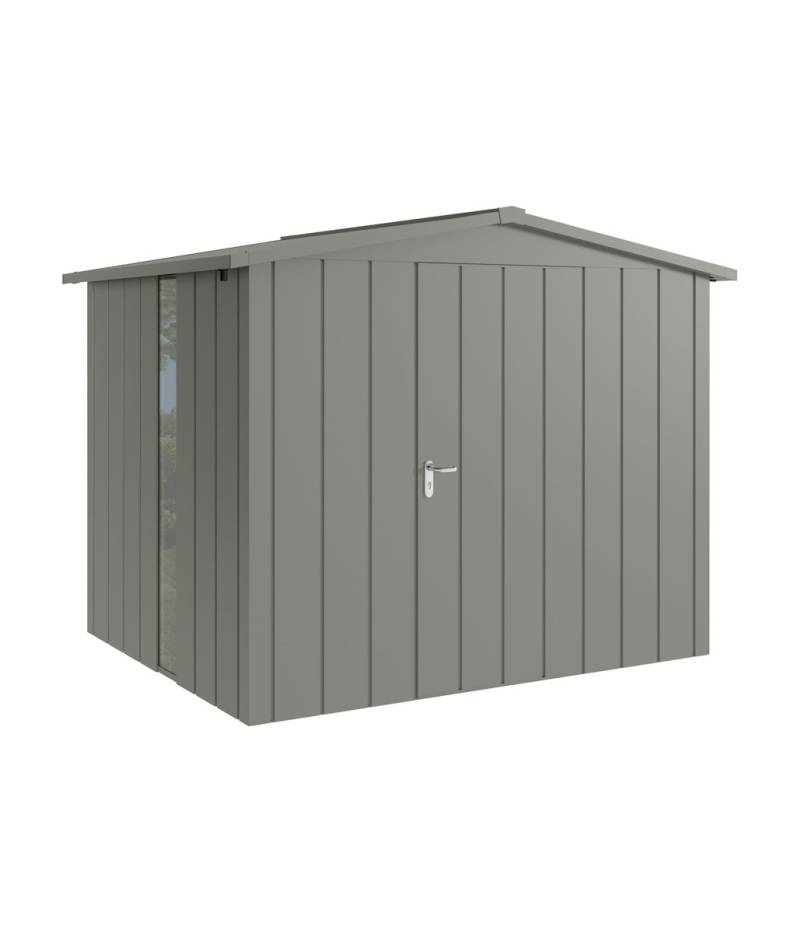 Hörmann Metall-Gerätehaus Juno JSD mit Satteldach B 262 x T 214 cm (JSD 9) mit bodentiefem Glaselement Motiv Modern (mit schmalen Lamellen) Einzeltür Türanschlag rechts Graualuminium (RAL 9007) von Hörmann Stauraumsysteme