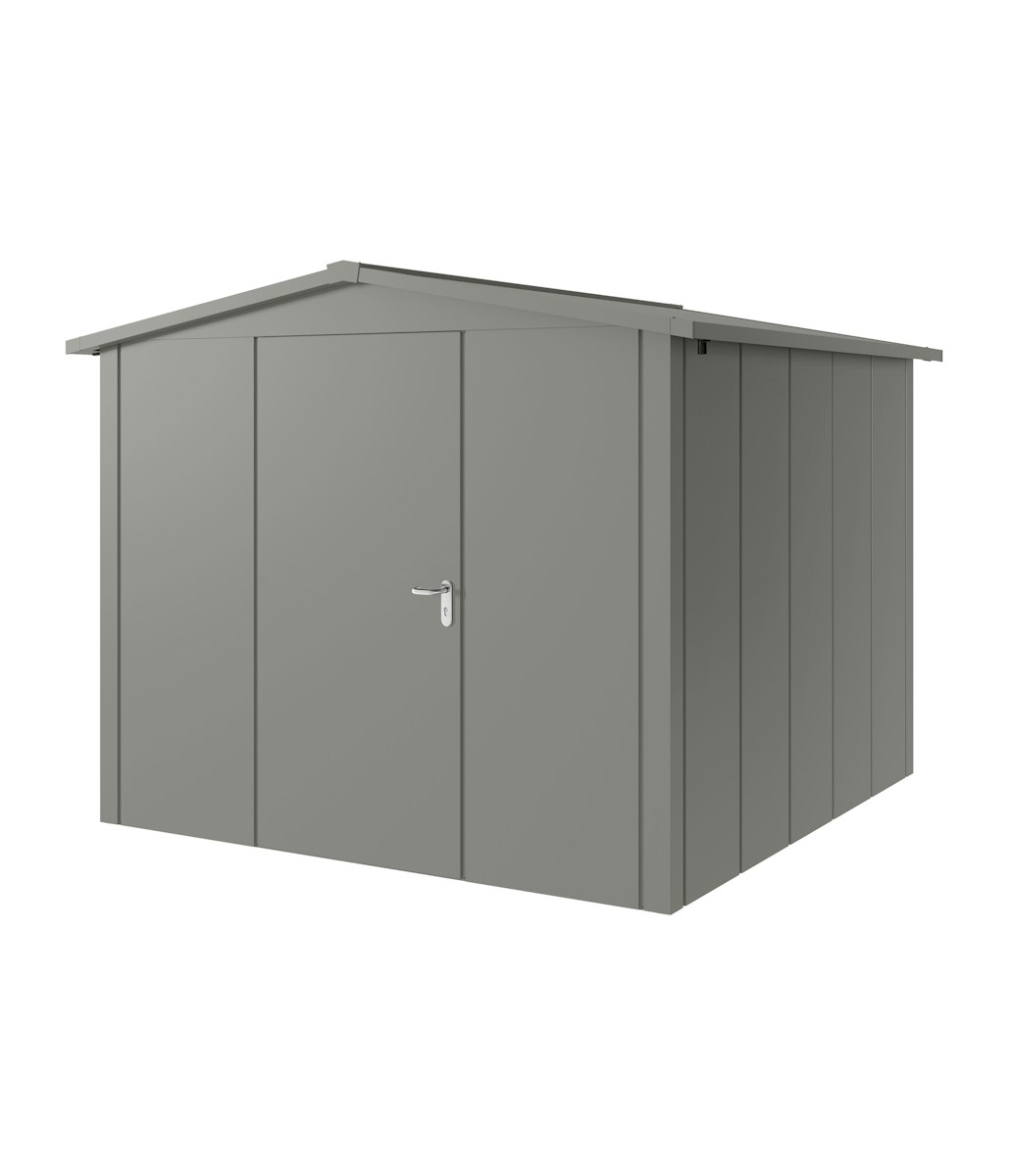 Hörmann Metall-Gerätehaus Juno JSD mit Satteldach B 262 x T 262 cm (JSD 10) Motiv Design (mit breiten Lamellen) Einzeltür Türanschlag links Graualuminium (RAL 9007) von Hörmann Stauraumsysteme