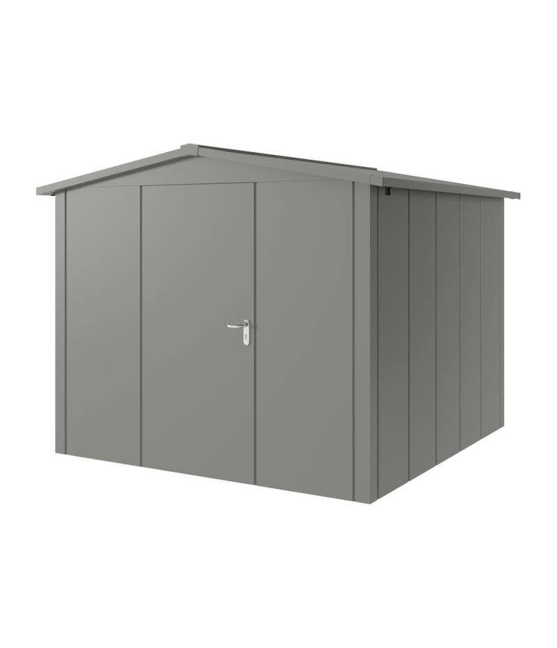Hörmann Metall-Gerätehaus Juno JSD mit Satteldach B 262 x T 262 cm (JSD 10) Motiv Design (mit breiten Lamellen) Einzeltür Türanschlag links Graualuminium (RAL 9007) von Hörmann Stauraumsysteme