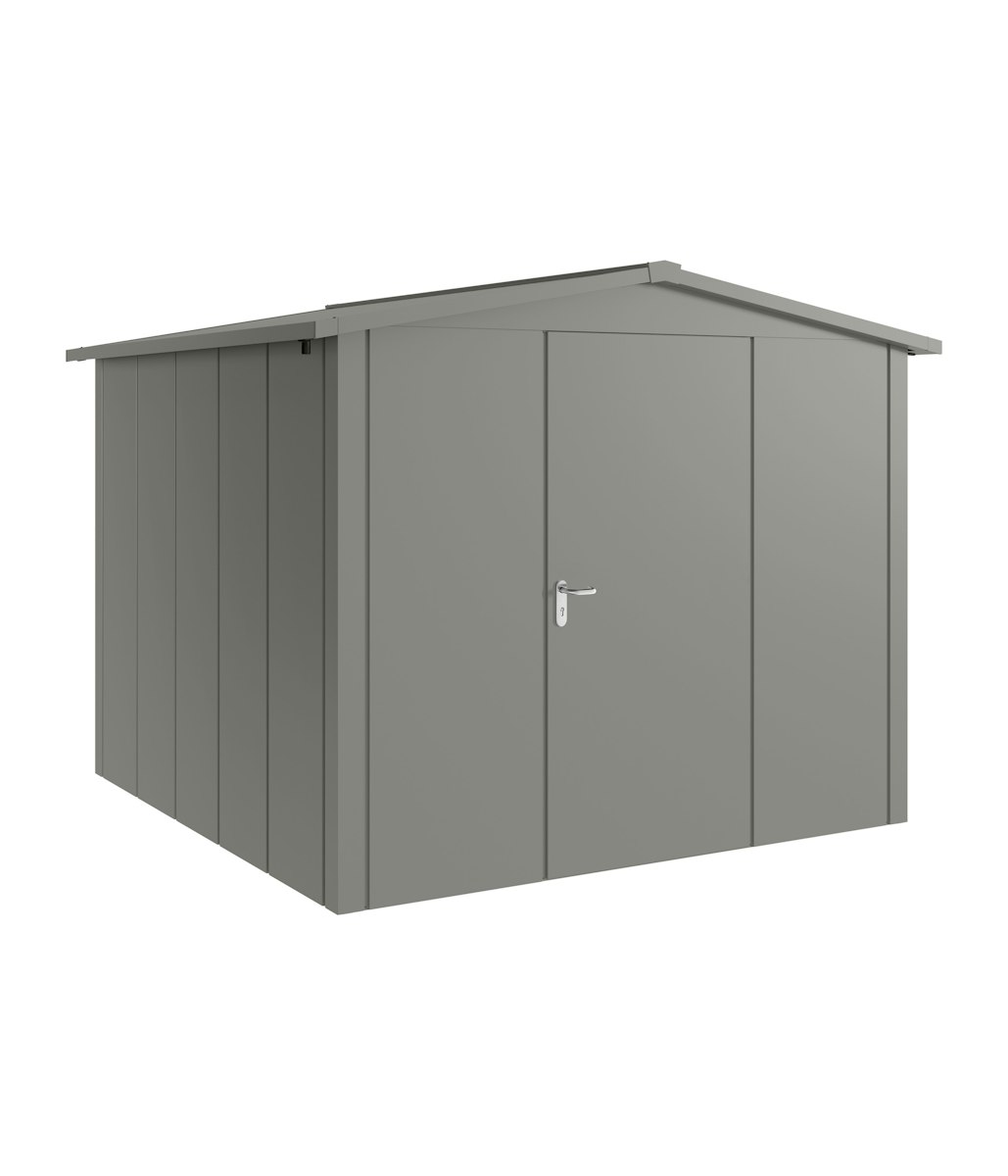 Hörmann Metall-Gerätehaus Juno JSD mit Satteldach B 262 x T 262 cm (JSD 10) Motiv Design (mit breiten Lamellen) Einzeltür Türanschlag rechts Graualuminium (RAL 9007) von Hörmann Stauraumsysteme