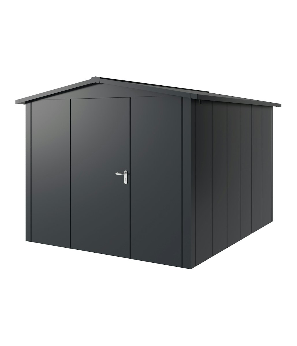 Hörmann Metall-Gerätehaus Juno JSD mit Satteldach B 262 x T 310 cm (JSD 11) Motiv Design (mit breiten Lamellen) Einzeltür Türanschlag links Anthrazitgrau (RAL 7016) von Hörmann Stauraumsysteme