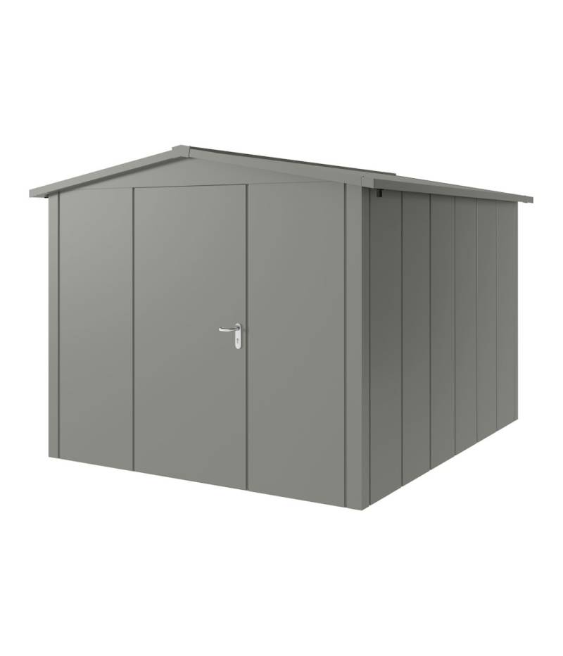 Hörmann Metall-Gerätehaus Juno JSD mit Satteldach B 262 x T 310 cm (JSD 11) Motiv Design (mit breiten Lamellen) Einzeltür Türanschlag links Graualuminium (RAL 9007) von Hörmann Stauraumsysteme