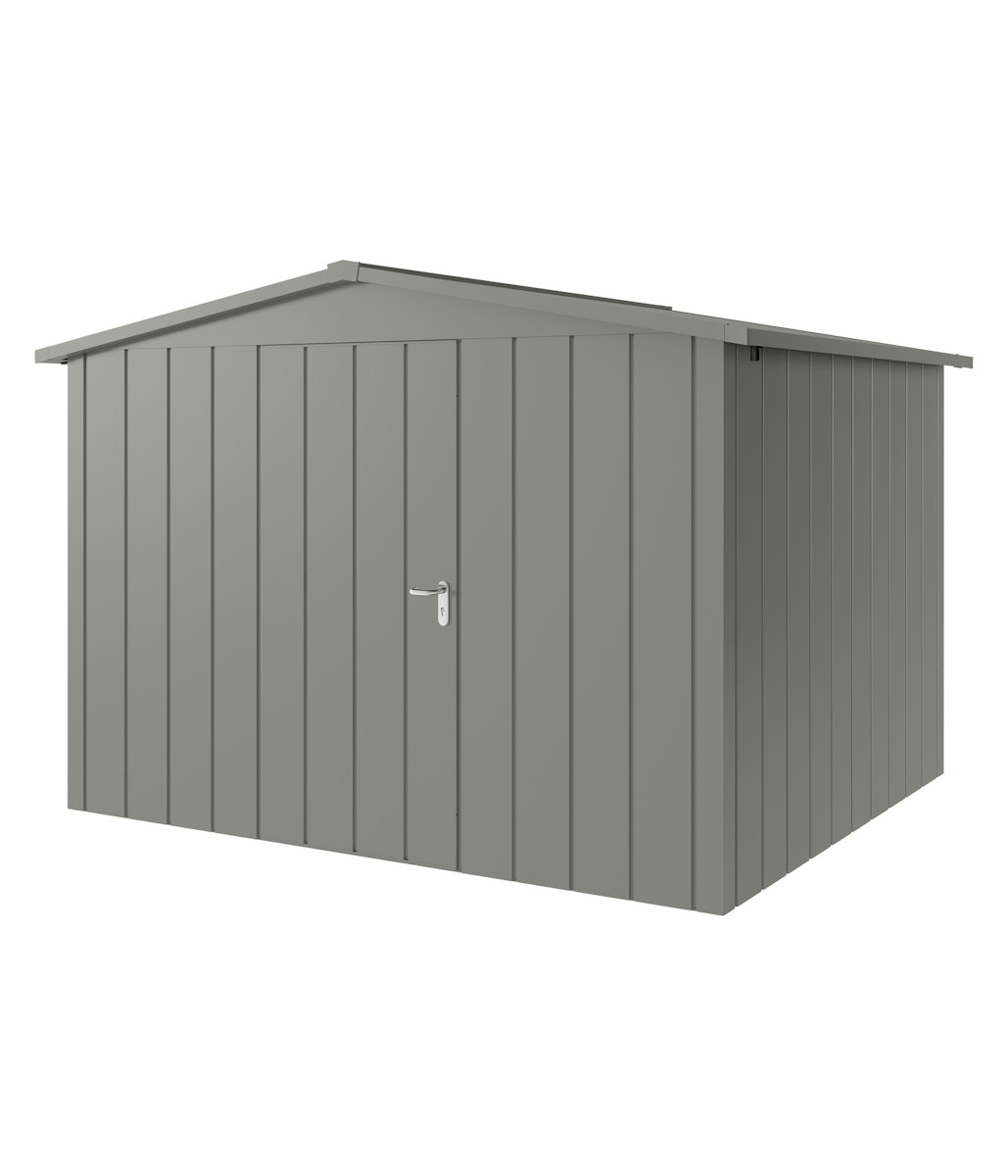 Hörmann Metall-Gerätehaus Juno JSD mit Satteldach B 310 x T 262 cm (JSD 13) Motiv Modern (mit schmalen Lamellen) Einzeltür Türanschlag links Graualuminium (RAL 9007) von Hörmann Stauraumsysteme