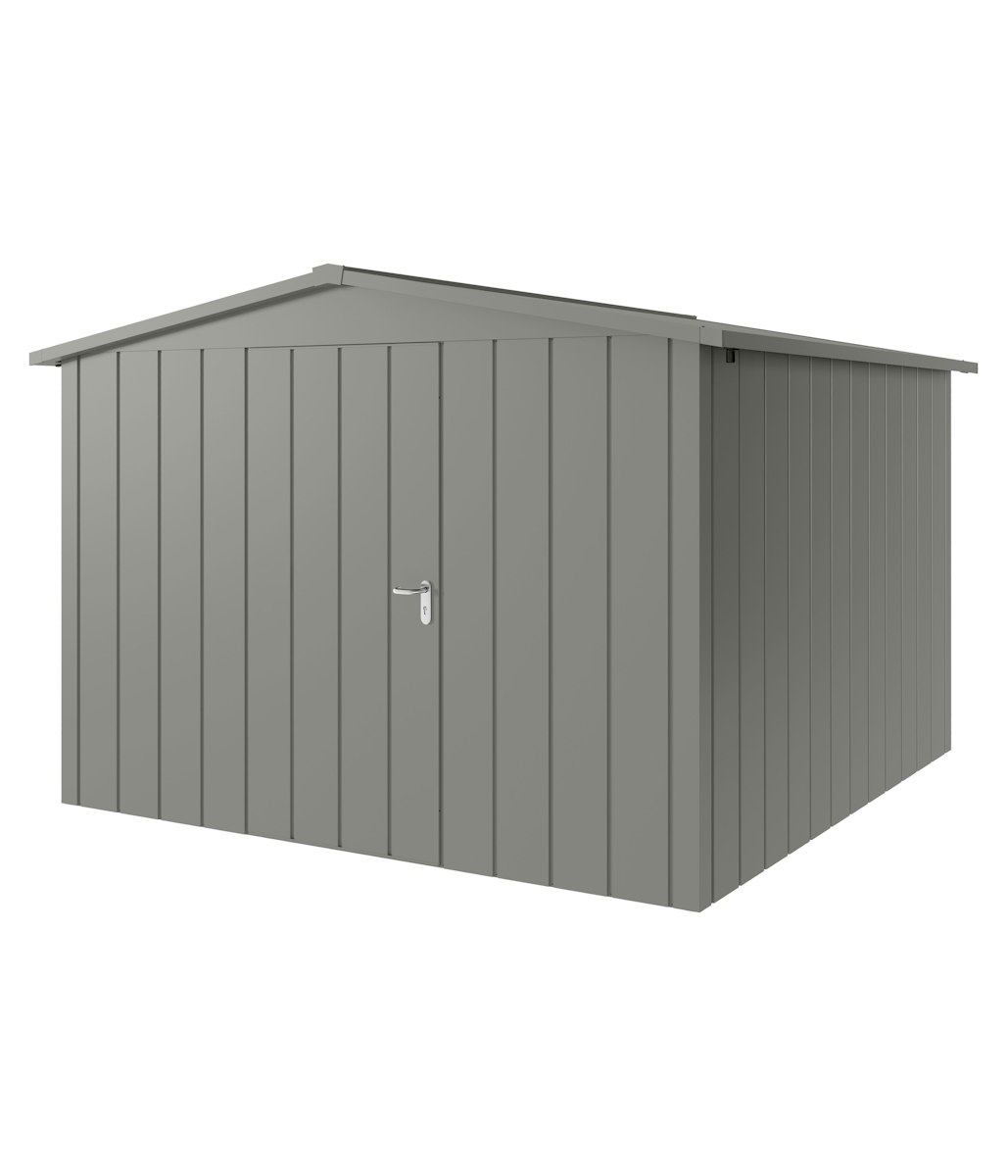 Hörmann Metall-Gerätehaus Juno JSD mit Satteldach B 310 x T 310 cm (JSD 14) Motiv Modern (mit schmalen Lamellen) Einzeltür Türanschlag links Graualuminium (RAL 9007) von Hörmann Stauraumsysteme