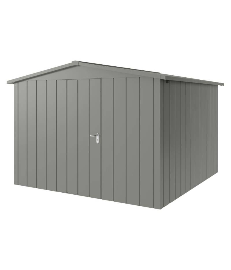 Hörmann Metall-Gerätehaus Juno JSD mit Satteldach B 310 x T 310 cm (JSD 14) Motiv Modern (mit schmalen Lamellen) Einzeltür Türanschlag links Graualuminium (RAL 9007) von Hörmann Stauraumsysteme