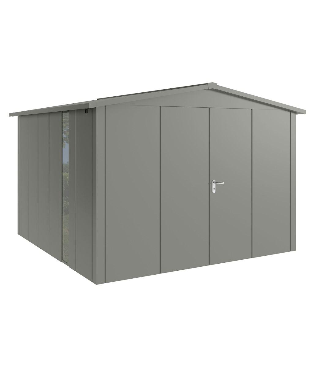 Hörmann Metall-Gerätehaus Juno JSD mit Satteldach B 310 x T 310 cm (JSD 14) mit bodentiefem Glaselement Motiv Design (mit breiten Lamellen) Doppeltür Graualuminium (RAL 9007) von Hörmann Stauraumsysteme
