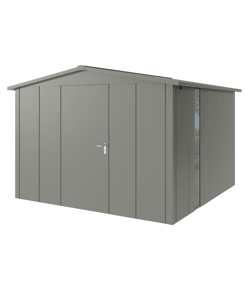 Hörmann Metall-Gerätehaus Juno JSD mit Satteldach B 310 x T 310 cm (JSD 14) mit bodentiefem Glaselement Motiv Design (mit breiten Lamellen) Einzeltür Türanschlag links Graualuminium (RAL 9007) von Hörmann Stauraumsysteme